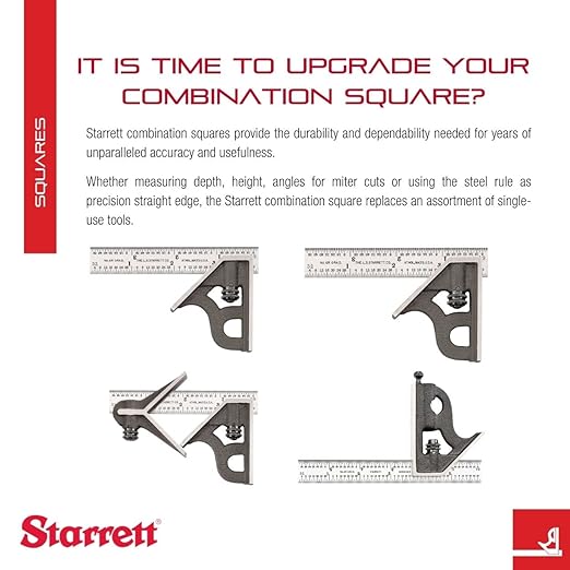 Starrett Steel Combination Square with Square Head - 300mm Blade Length, Cast Iron Heads, Reversible Lock Bolt, Scriber, Spirit Level, 35 Graduation Type - 11MH-300