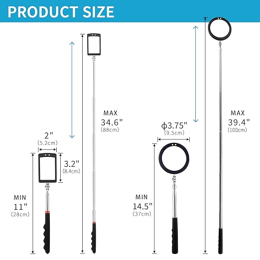 2 Pieces Telescoping Inspection Mirror LED Light Set with Large 3.75" Round Mirror, and 3.3" Square Mirror, Flexible 360 Swivel, for Inspection Viewing, Mechanic Checking, Observation