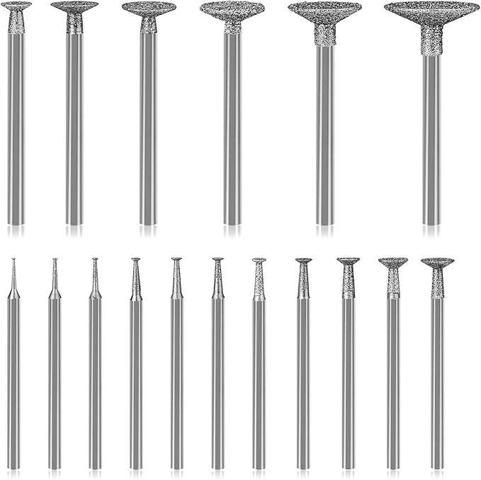 Stone Carving Set Diamond Burr Bits Compatible with Dremel, 17PCS Polishing Kits Rotary Tools Accessories with 2.35mm 3mm Shank T Shape for Carving, Engraving, Grinding, Stone, Rocks, Jewelry, Glass