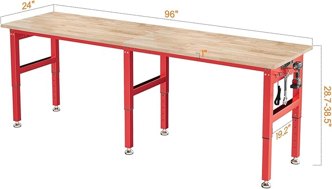 SPECRAFT 96" Red Adjustable Heavy Duty Workbench with 4 AC Outlet and 2 USB Ports Power Outlets, 5000 Lbs Capacity, Rubber Wood Top for Garage, Workshop, Office