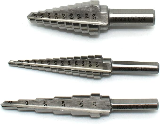 TEMO 3 pc M35 Cobalt Two Flute Step Drill Total 28 Step: 3/16 Inch - 1/2 Inch 6 Step, 1/4 Inch -3/4 Inch 9 Step, 1/8 Inch -1/2 Inch 13 Step