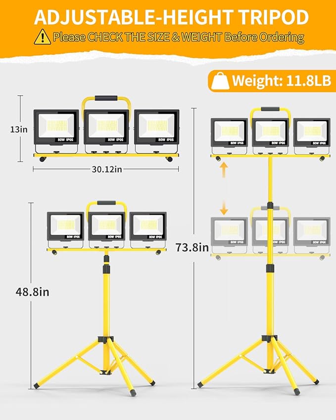 26400LM LED Work Lights with Stand, 3 Adjustable Head Portable Worklight with 26FT Cord Switch and Foldable Tripod, IP66 Waterproof 5000K for Outdoor Indoor Construction Job Sites Workshops Garage