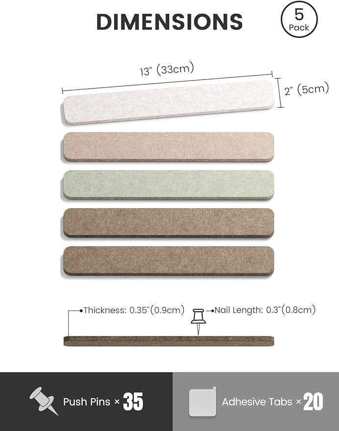 Fluxynara Cork Board Alternative Felt Strip Board 5-Pack 13"x2", Office Pin - Image 2
