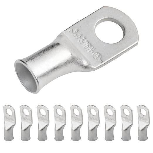 SELTERM 10pcs 4 AWG-5/16 Stud (Wide Pad) Tinned Copper Wire Lugs, Heavy Duty Battery Cable Ends,4 Guage Ring Terminals, UL Battery Lugs Marine Grade Copper Eyelets Battery Terminal Connectors