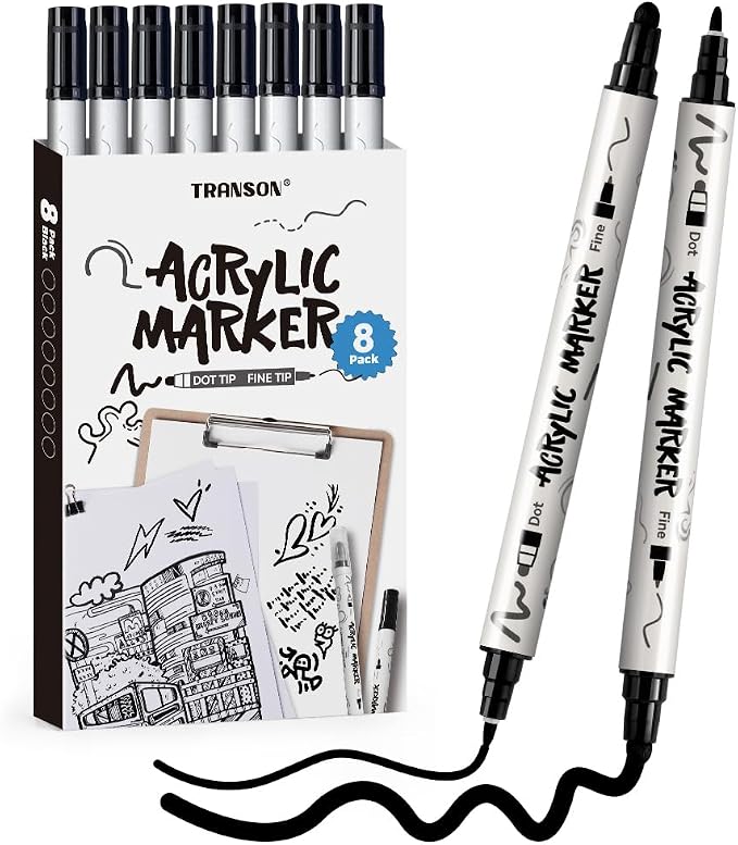 TRANSON 8 Pack Black Bold and Fine Dual-tip Acrylic Paint Marker by Transon
