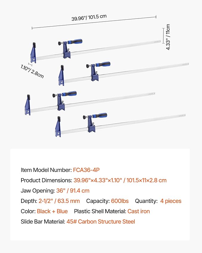 VEVOR Bar Clamps for Woodworking, 4-Pack 36 inch Opening, Lockable F-Clamp with 600 lbs Load Limit, 2-1/2 inch Depth, Cast Iron and Carbon Steel, Easy to Use, Wood Clamps for Woodworking Metal Working