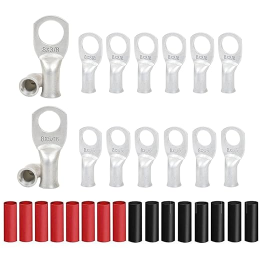 8Pcs 8 AWG 3/8" Stud and 8Pcs 8 AWG 5/16" Stud Heavy Duty Tinned Copper Wire Lugs with 16Pcs Heat Shrink Tubing Ring Terminals 8 Gauge Battery Cable Ends Bare Copper Eyelets