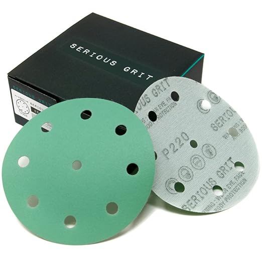5-Inch 9-Hole 220 Grit Sanding Discs - Heavy-Duty Hook & Loop Film Discs - Sandpaper for Random Orbital Sanders - 50 Pack Box