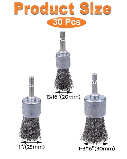Rocaris 30 Pack Carbon Steel Wire Wheel Brush with 1/4-Inch Hex Shank, Pen Brush, for Rust Removal, Corrosion and Scrub Surfaces, 3 Sizes