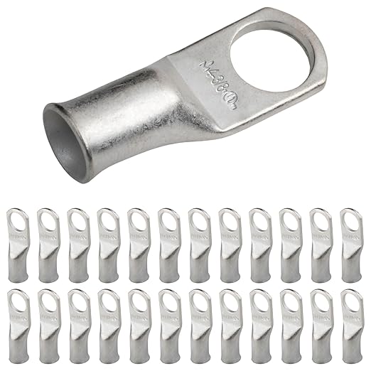 SELTERM 25pcs 4 AWG 3/8" Stud Marine Grade Tinned Copper Battery Cable Lugs, 4 Guage Ring Terminals, UL Wire Lugs Electrical Battery Cable Ends, Tinned Copper Lugs Battery Terminal Connectors