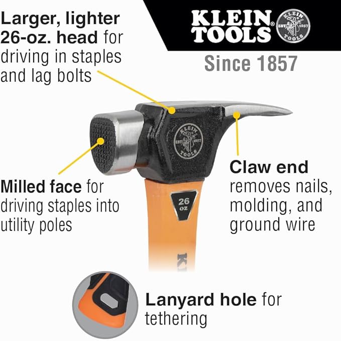 Klein Tools 832-26 Lineman's 26-Ounce Claw Milled Hammer, Fiberglass Handle, Heavy Duty for Utility Poles, Milled Face, High Visibility Orange