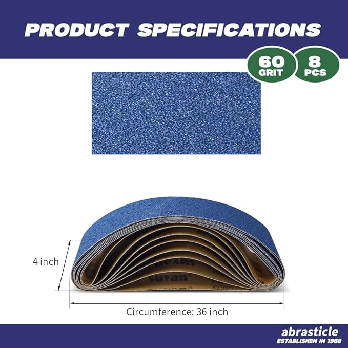 4" x 36" Zirconia Sanding Belts for Metal - 4 x 36 Inch Zirconia Metal Grinding Sand Paper, 8 PCS 60 Grits, Perfect for Knife Blade Sharpening, Metal Polishing, Derusting, Woodworking
