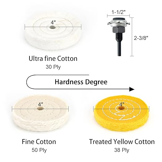 SCOTTCHEN 4" Buffing Polishing Wheel - 1/4" Handle, 1/2" Arbor Hole, Fine, Ultra Fine, Treated Yellow Cotton - 3pcs