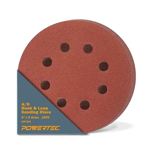 POWERTEC 25PK, 120 Grits, Sanding Discs 5 Inch - Hook and Loop, 5 Inch 8 Hole Aluminum Oxide Sandpaper Discs, Woodworking Sanding Pads for Random Orbital, Palm, Air, DA & Pneumatic Sander (45012)