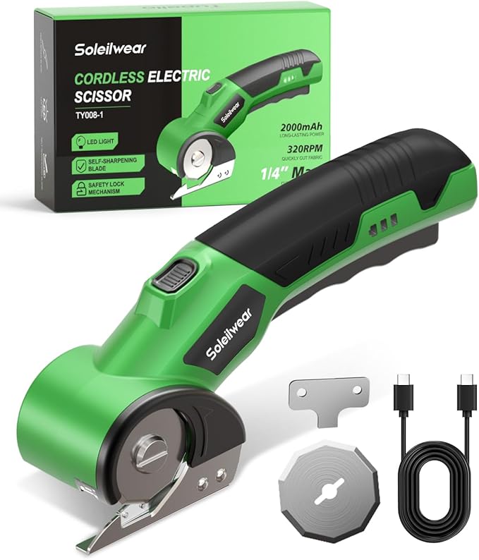 Cordless Electric Scissors, Rechargeable Cardboard Cutter, 4V Upgrade Motor Electric Box Cutter with 2 Blades, Safety Lock & LED Light, Powerful Cutting for Cardboard Box, Plastic, Leather