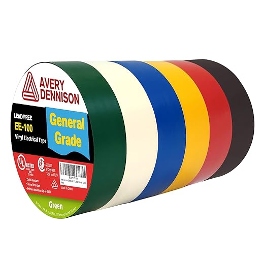 Avery Dennison Electrical Tape, 6 Rolls General Use PVC Electric Tape, UL/CSA Listed 3/4 in x 66 ft Insulating Vinyl Tape for Electrical, Repairs, Automotive and Equipment, EE-100, Multi Colored