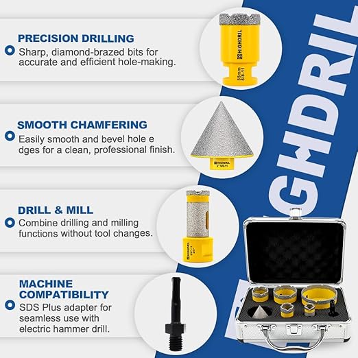 HIGHDRIL Diamond Drill Bits Kit - 25/35/50/75mm/20mm Finger Bit+50mm Chamfer Bit +SDS Adapter with 5/8-11 Thread for Porcelain Ceramic Tile Granite Marble Brick