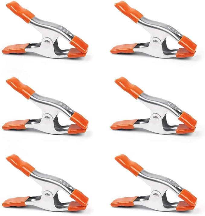 PONY 6-inch Heavy Duty Spring Clamps Set, 2-inch Jaw Opening, Nickel-plated Steel Spring Clips Clamps with Protected Rubber Handles and Tips, 6-Pack