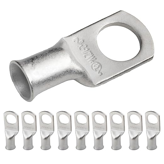 SELTERM 10pcs 2 AWG-1/2 Stud Tinned Copper Wire Lugs, Heavy Duty Battery Cable Ends,2 Gauge Ring Terminals, UL Battery Lugs Marine Grade Copper Eyelets Electrical Battery Terminal Connectors