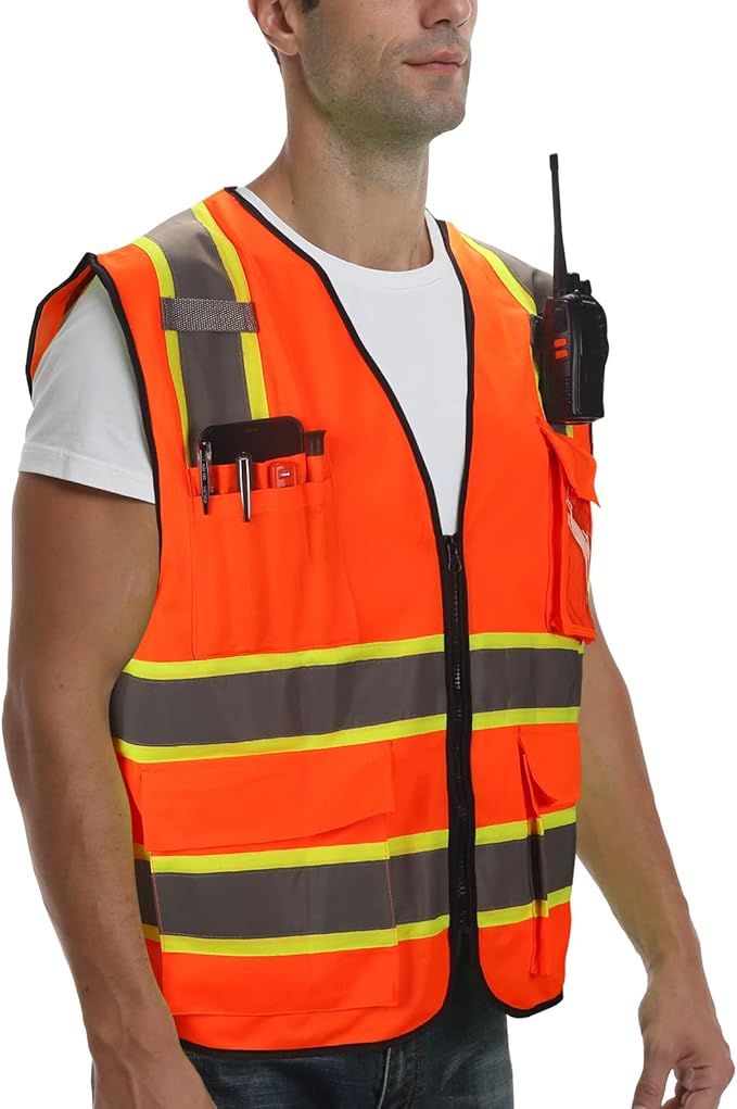 9 Pockets High visibility Class 2 Safety Vest，Hi Vis Vest with 2 inch wide Reflective Strips security vest with Zipper construction work vest for men &women Orange，Large