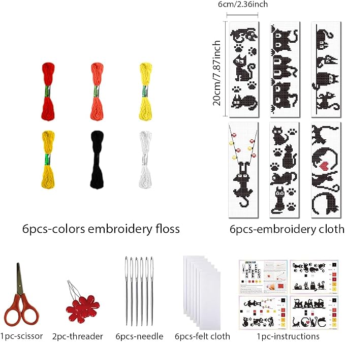 FREEBLOSS 6 Set Cross Stitch Bookmark Kit Stamped Cross Stitch Kit Black Cat - Image 2