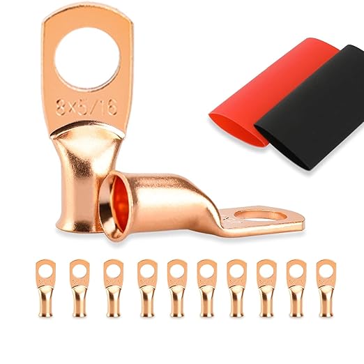 10PCS Battery Cable Ends, 8 Gauge Wire Connectors 5/16 Copper Wire Lugs, Bare Copper Eyelets with Heat Shrink Tubing by HOUSUN