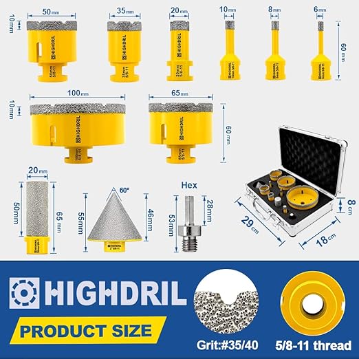 HIGHDRIL Diamond Drill Bits Kit with 5/8-11 for Porcelain Tile Ceramic Marble Brick Concrete Vacuum Brazed Hole Saw(6/8/10/20/35/50/65/100mm+50mm Chamfer Bit+20mm Finger Bit+Adapter)