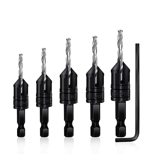 Countersink Drill Bit Set 5 pc,3in1 Woodworking Counterbore Hole Drill Bits,Tapered Countersink Bit,Depth Adjustable M2 Pilot Drill Bits, 82-Degree Chamfer, 1/4”Hex Shank