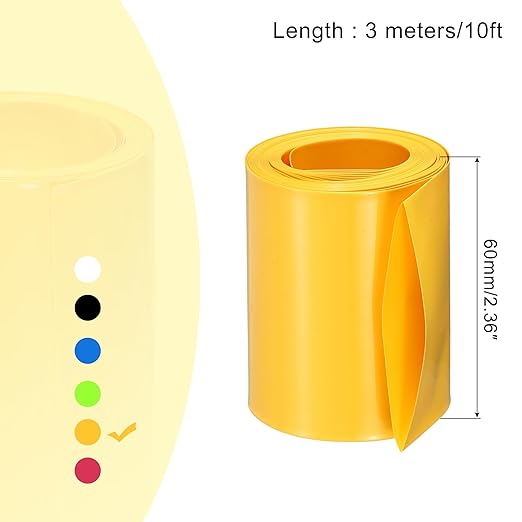MECCANIXITY Battery Wrap PVC Heat Shrink Tubing 38mm Dia 60mm Flat 10 Feet(3meters) Yellow Good Insulation for Battery Pack
