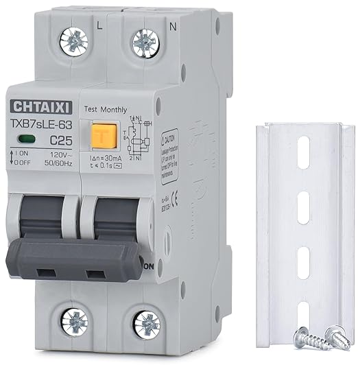 Ground Fault Circuit Breaker, 25 Amp 120V AC DIN Rail Mount Residual Current Circuit Breaker, Thermal-Magnetic Trip, Earth-Leakage Protection 30mA 1PN RCBO C25