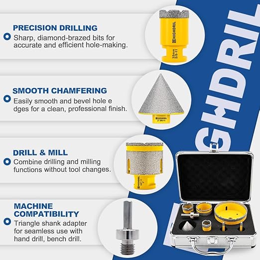 HIGHDRIL Diamond Drill Bits Kit - 6/6/25/35/100mm/50mm Finger Bit+50mm Chamfer Bit with 5/8-11 Thread for Porcelain Ceramic Tile Granite Marble Brick