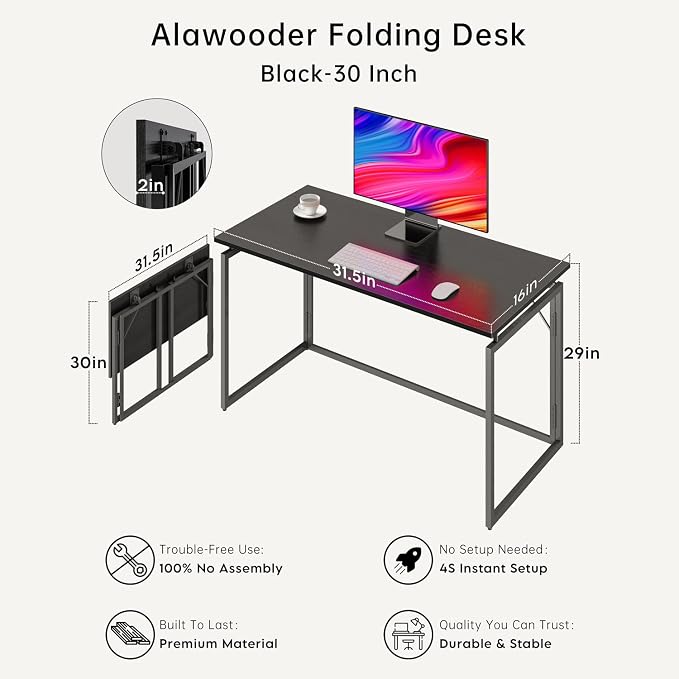 alawooder 31.5" Folding Desk: No Assembly, Wood Top - Image 6