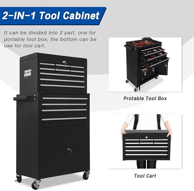 Tool Chest 13-Drawer with Double Door and wheels, Large Detachable Toolbox with Sliding Drawers, Mechanic Tool Box Storage Cabinets, Metal Tool Cart for Garage Workshop (BLACK)
