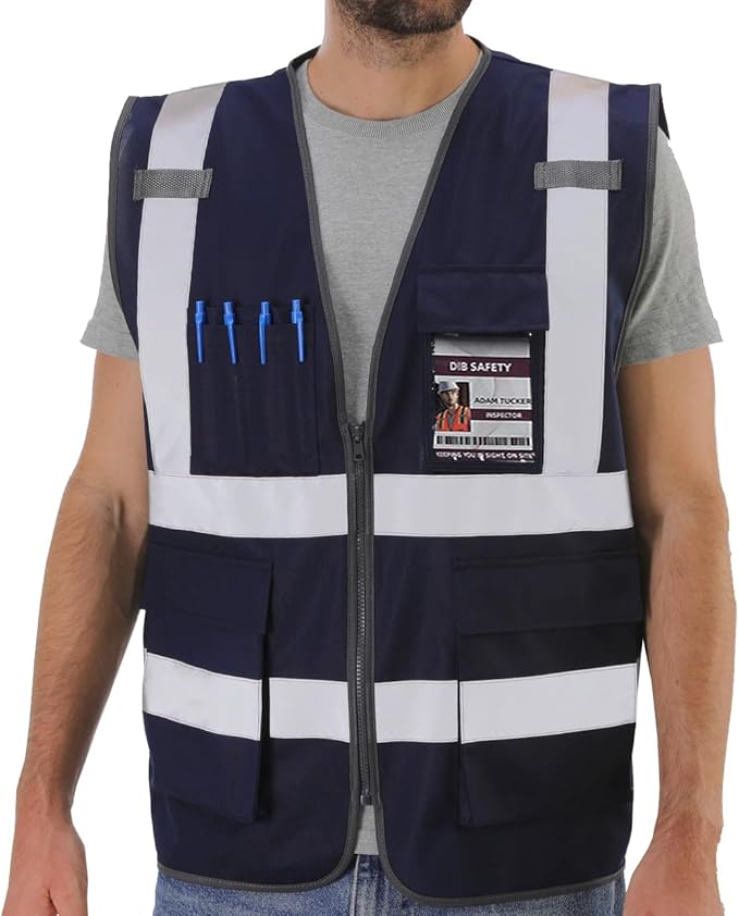 Dib Safety Reflective Vest High Visibility with Pockets and Zipper, Navy 2XL