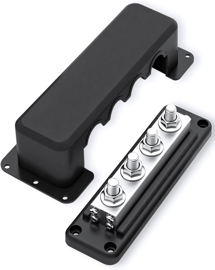 600A Heavy-Duty Bus Bar Nickel Plated Copper Distribution Terminal Block with Cover 4 M10 (3/8 in) Studs & 8 Screws Buss Bar for Solar RV Marine Car Audio 12-48V DC Battery System