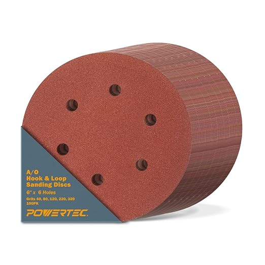 POWERTEC 40/80/120/220/320 Grit, 100 PK, 6 Inch Sanding Discs – Hook and Loop, 6-Hole Aluminum Oxide Orbital Sander Pads, Round Sandpaper for Random Orbital, Air, Pneumatic & DA Sanders (45200)