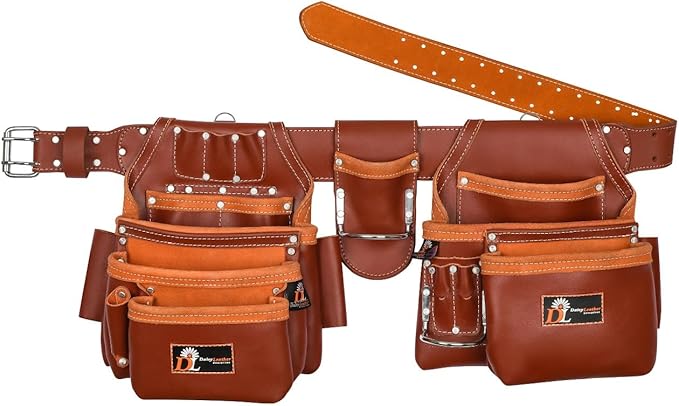 Daisy Leather Tool Belt Pro-202, 28 Pockets, Top Grain Leather, 2.5-inch Padded Belt, Fits 30-52 inch Waist, X-Large (Cherry, X-Large)