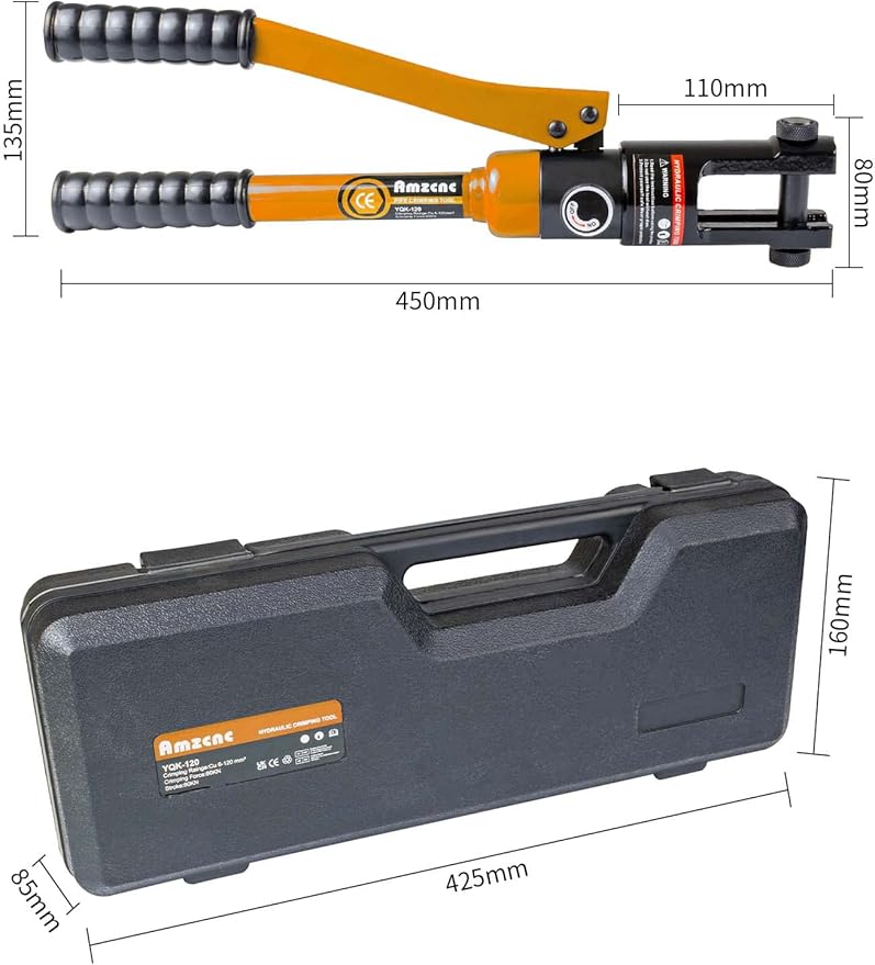AMZCNC Hydraulic Crimping Tool - 12T Crimping Force, 9 Pairs of Standard US cable Dies (8AWG-4/0AWG) - Professional Grade Battery Cable Crimper for Secure Connections, Electrical Projects, and More