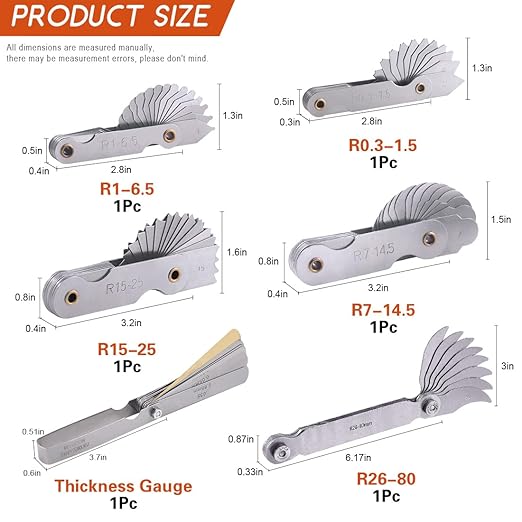 Tanstic 6Pcs Stainless Steel Feeler Gauge and Radius Gauge Set, 5Pcs R0.3-1.5/ R1-6.5/ R7-14.5/ R15-25/ R25-50 Radius Fillet Gauge with 32 Blades 0.04-0.88 mm Metric and Imperial Gap Measuring Tool