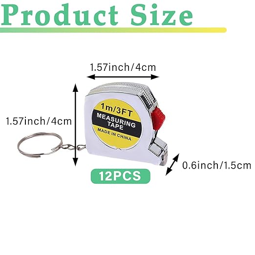 12 Pack Mini Tape Measure Keychains, 1.5 Inch Retractable Measuring Tapes with Lock, Small Functional Ruler for Party Favors, Gift Bags, Classroom Rewards, 1m/3ft