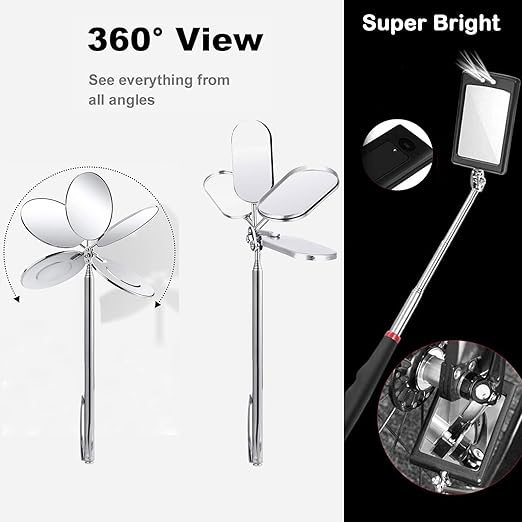 3PCS Telescopic Inspection Mirror,Stainless Steel LED Telescoping Inspection Mirror,Portable 360 Degree Rotating Mechanic Mirror with Long Handle Tool(Oval, Round,Square)