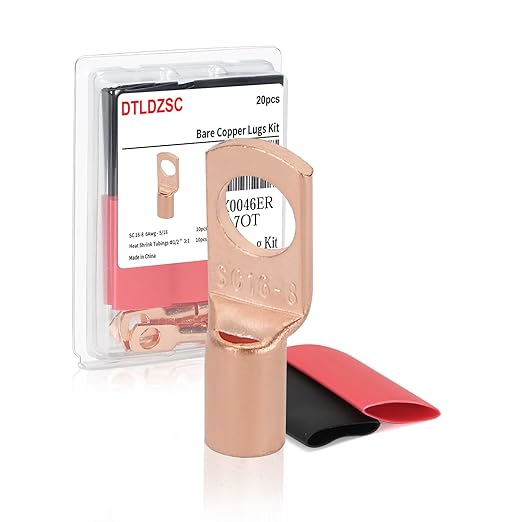 Thick Copper Electric Wire Lugs,10Pcs Bare Copper Gauge 6Awg-5/16(M8) Ring Heavy Duty Battery Cable Lugs Ends Ring Terminals Connectors with 10Pcs 3:1 Heat Shrink Tubing Assortment Kit