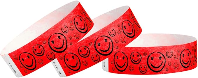 200 WristCo Neon Red Smiley Face Tyvek Wristbands for Events - ¾” x 10” - Waterproof Recyclable Comfortable Tear Resistant Paper Bracelets Wrist Bands for Concerts Festivals Admission Party