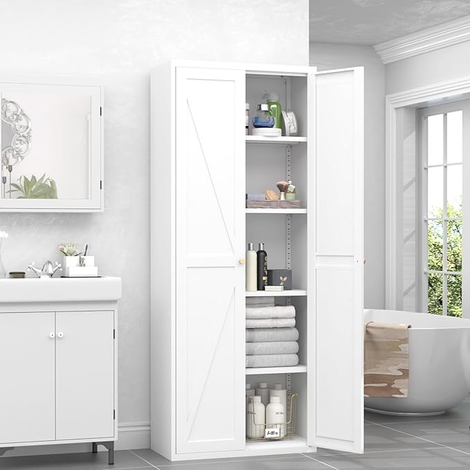 GREATMEET 71" Metal Tall Pantry Storage Cabinet, Food Pantry Cabinet, White Cupboard with Anti-Tipping Kit for Kitchen Tools Storage for Dining Room, Living Room Garage and Bathroom