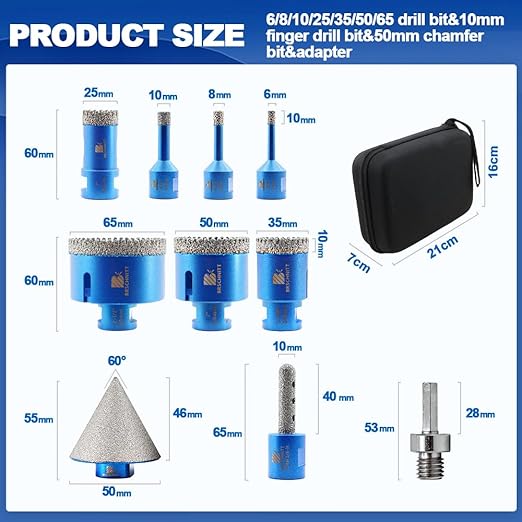 Tile Hole Saw Kit Diamond- BRSCHNITT 10pcs Diamond Core Drill Bit Set for Porcelain Tile Ceramic Marble Granite Drilling,Finger Chamfer Bit