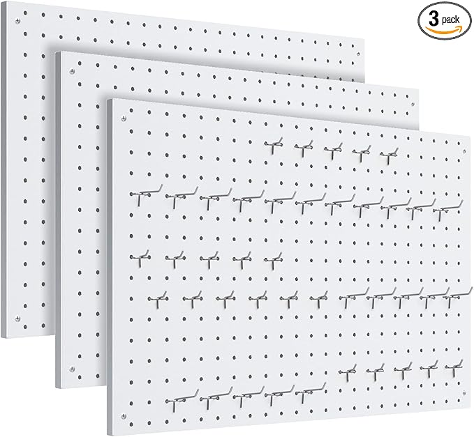 Peg Board, 3 Pack Metal Pegboard Panels White Pegboards Wall Organizer with Frame Large Heavy Duty Peg Board with Hooks for Walls Home, Garage Tool Storage, Office, Craft Room, Kitchen 24”×16”