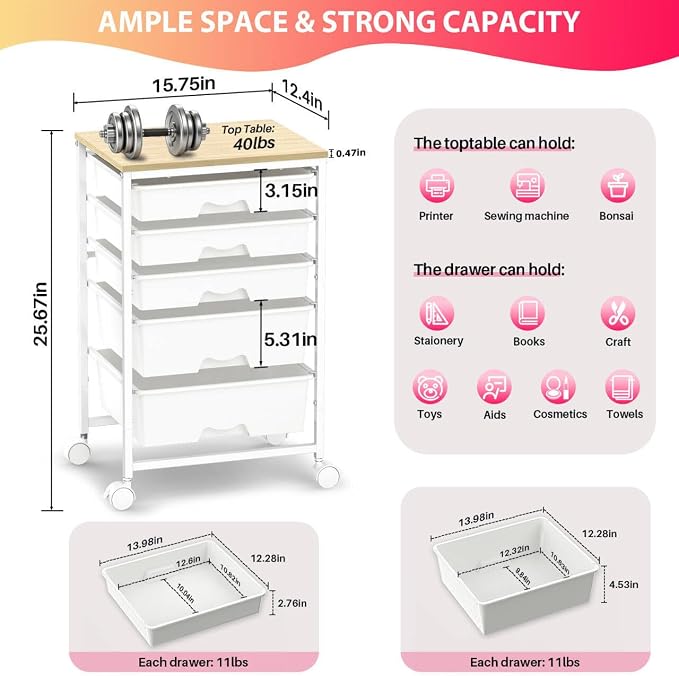 Goovilla Rolling Cart with Drawers, Utility Cart Organizer With 5 Removable - Image 2