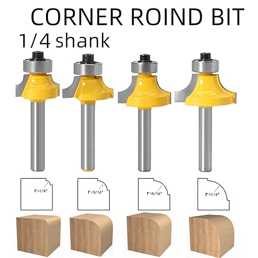 1/4Shank 4pcs Corner Rounding Bit Set(5/16" 3/16" 1/4" 1/8" Radius 4Pcs) Corner Rounding Edge-Forming Roundover