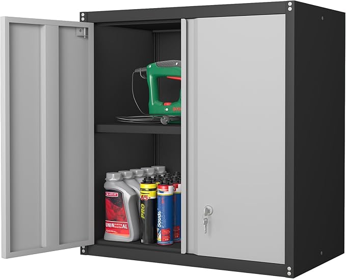 Metal Garage Wall Cabinet, 28" Wall Mount Storage Cabinets with Locking Doors and Shelf, Metal Small Storage Cabinets for Garage, Laundry Room, Kitchen, Pantry