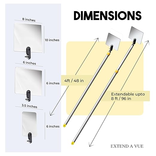 Inspection Mirror Telescoping Pole, Lightweight & Durable, 4 ft - 8 ft Pole, 3 Size Acrylic Mirror